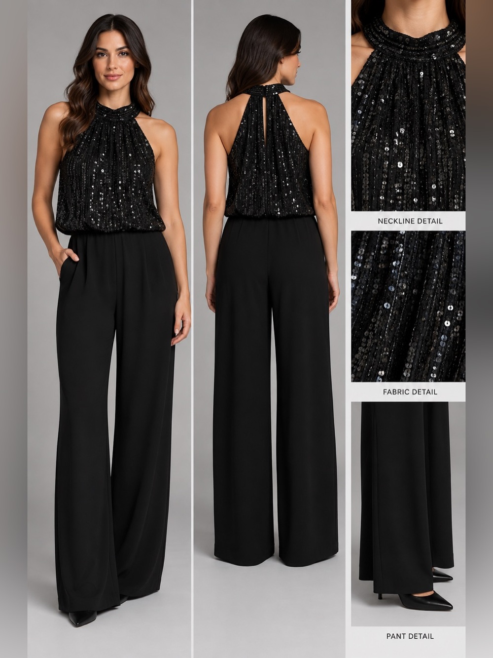 Eliza J Black Sequin Halter Wide-Leg Jumpsuit size 8